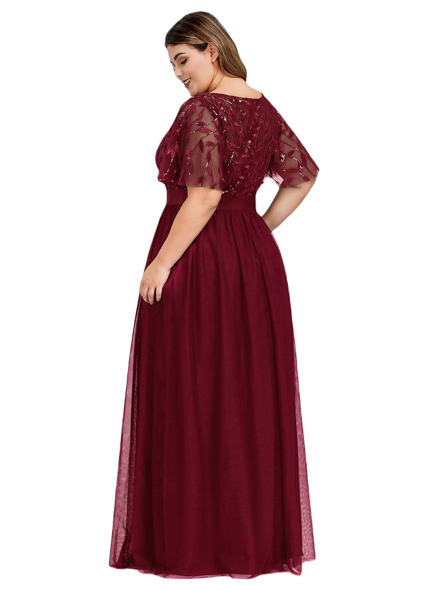 Vestido Elegante de Fiesta Largo Curvy Guinda Vino Cuello Redondo Hojitas Detalles c/Lentejuela Manga Amplia T Ch a Talla Extra