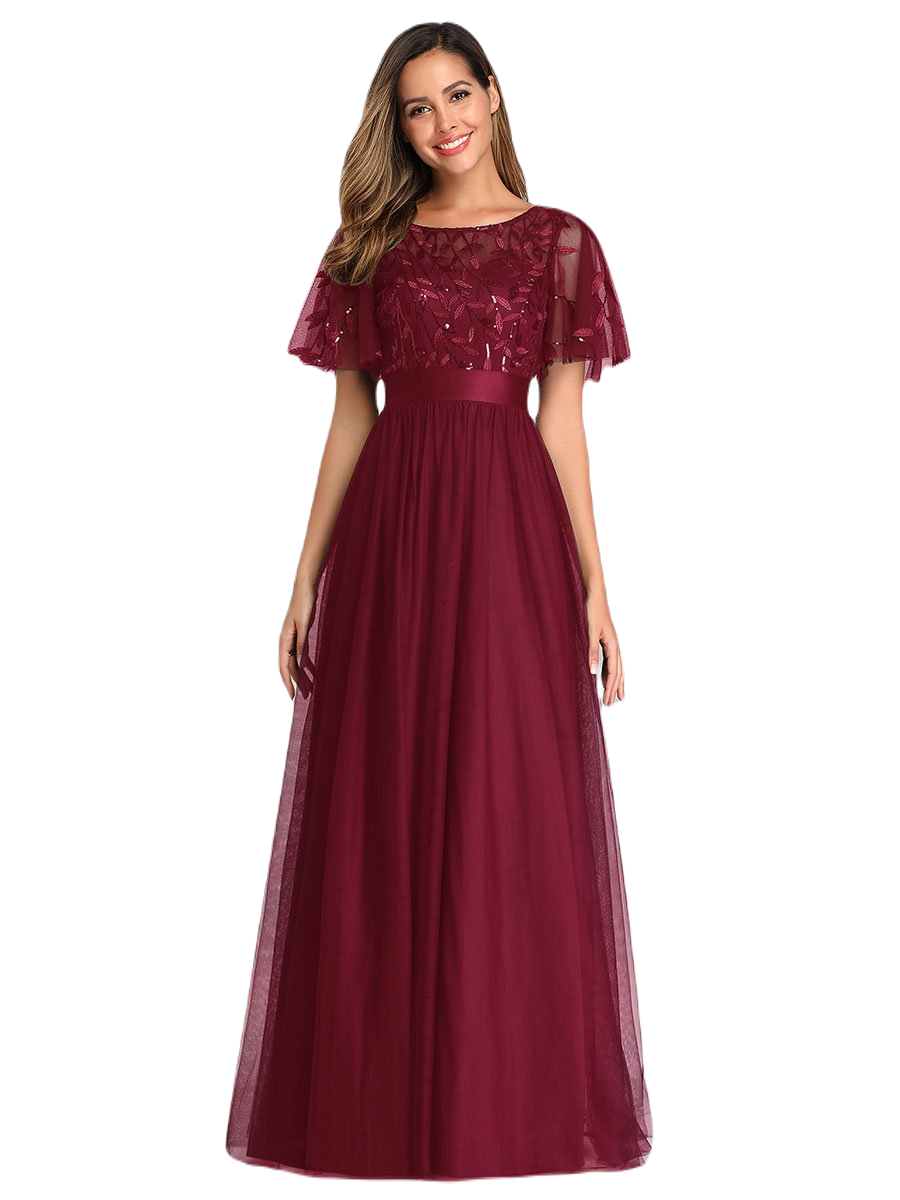 Vestido Elegante de Fiesta Largo Curvy Guinda Vino Cuello Redondo Hojitas Detalles c/Lentejuela Manga Amplia T Ch a Talla Extra