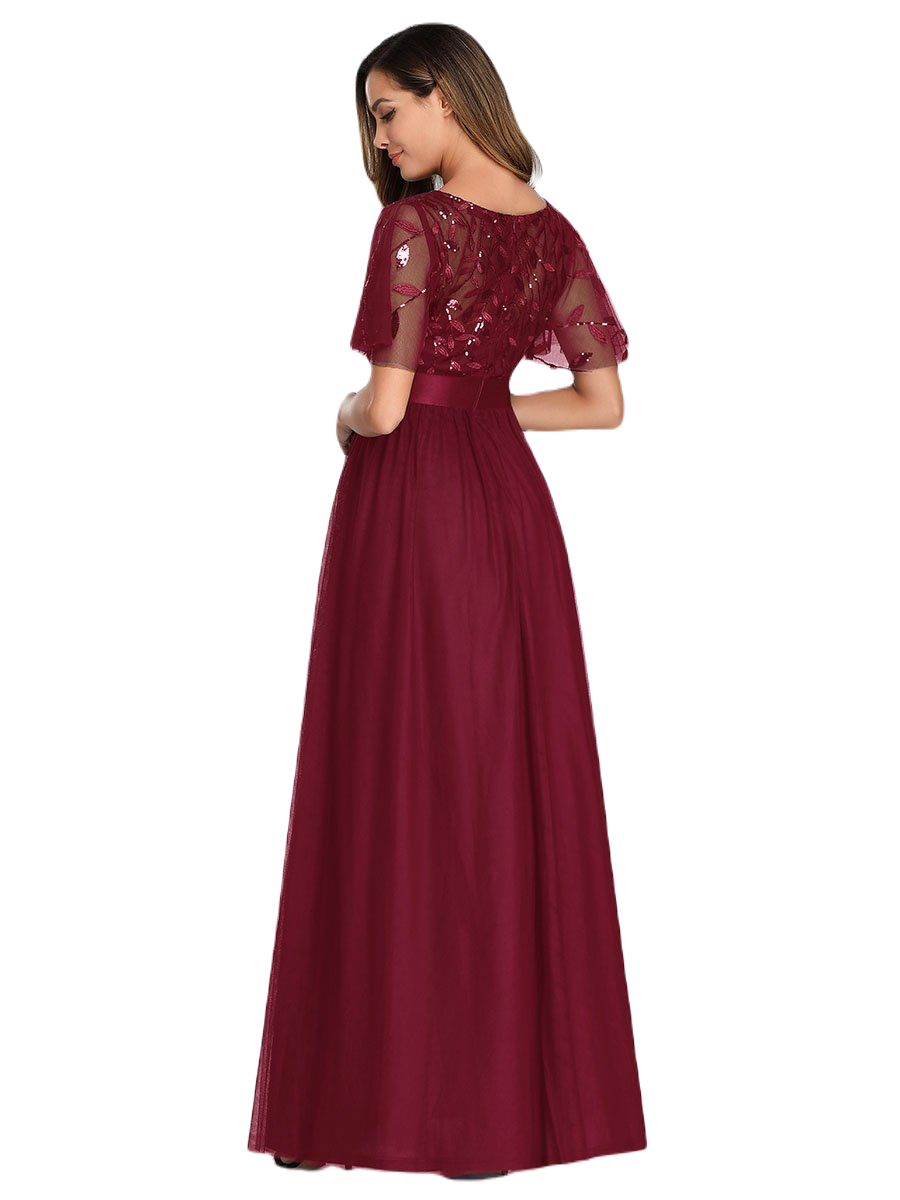 Vestido Elegante de Fiesta Largo Curvy Guinda Vino Cuello Redondo Hojitas Detalles c/Lentejuela Manga Amplia T Ch a Talla Extra