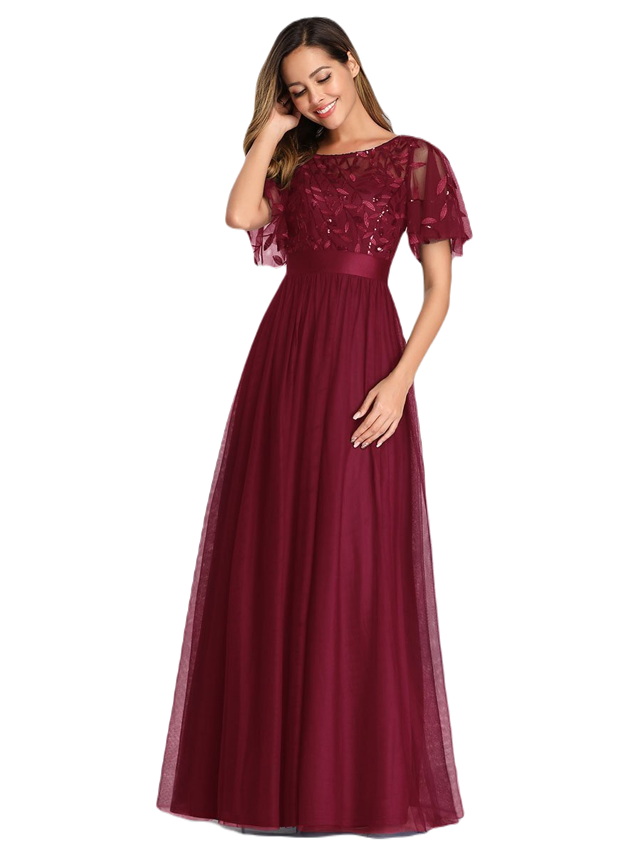 Vestido Elegante de Fiesta Largo Curvy Guinda Vino Cuello Redondo Hojitas Detalles c/Lentejuela Manga Amplia T Ch a Talla Extra