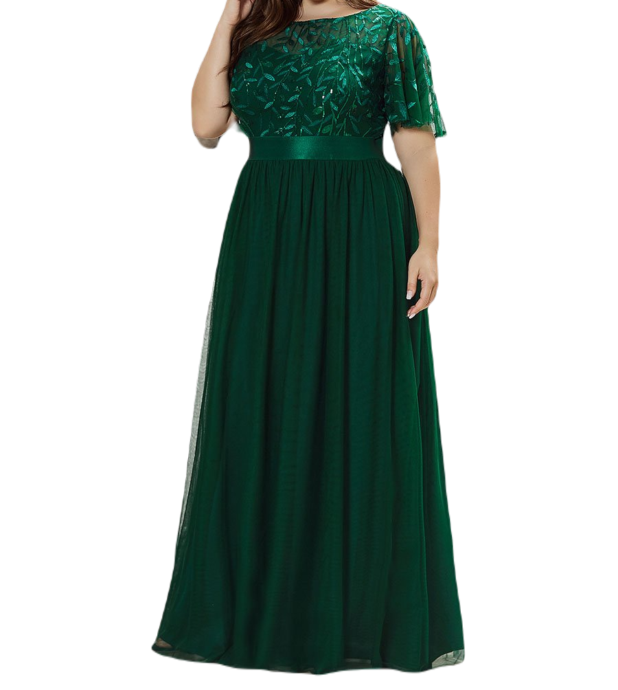 Vestido Elegante de Fiesta Largo Curvy Verde Esmeralda Cuello Redondo Hojitas Detalles c/Lentejuela Manga Amplia T Ch a Talla Extra