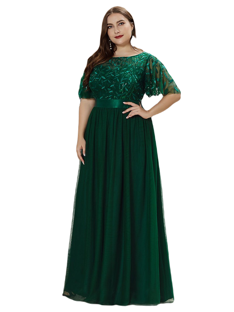 Vestido Elegante de Fiesta Largo Curvy Verde Esmeralda Cuello Redondo Hojitas Detalles c/Lentejuela Manga Amplia T Ch a Talla Extra