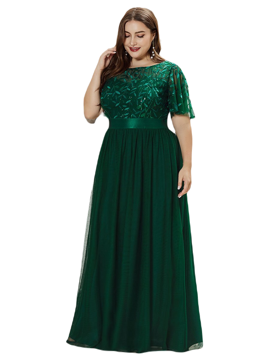 Vestido Elegante de Fiesta Largo Curvy Verde Esmeralda Cuello Redondo Hojitas Detalles c/Lentejuela Manga Amplia T Ch a Talla Extra