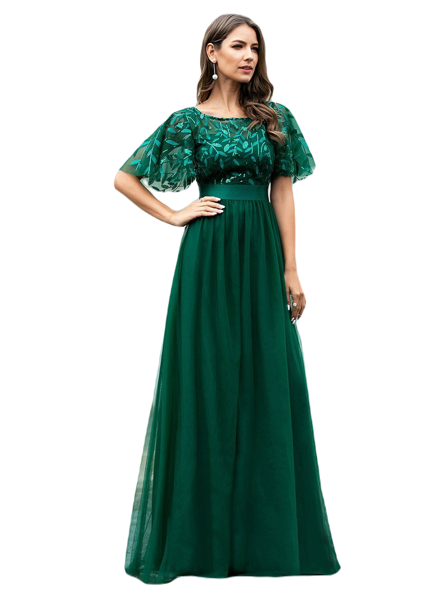 Vestido Elegante de Fiesta Largo Curvy Verde Esmeralda Cuello Redondo Hojitas Detalles c/Lentejuela Manga Amplia T Ch a Talla Extra