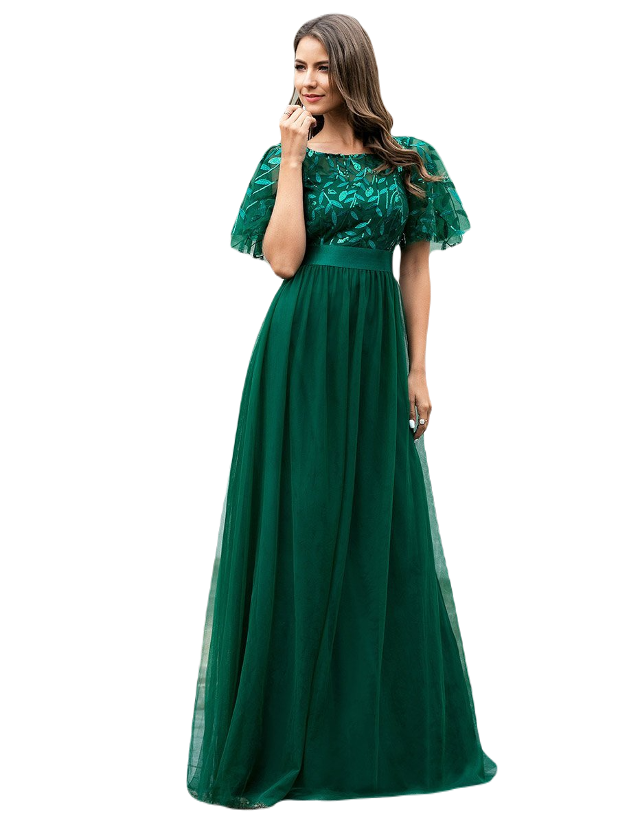 Vestido Elegante de Fiesta Largo Curvy Verde Esmeralda Cuello Redondo Hojitas Detalles c/Lentejuela Manga Amplia T Ch a Talla Extra
