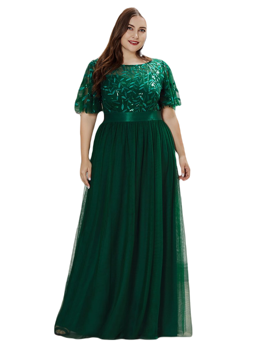 Vestido Elegante de Fiesta Largo Curvy Verde Esmeralda Cuello Redondo Hojitas Detalles c/Lentejuela Manga Amplia T Ch a Talla Extra