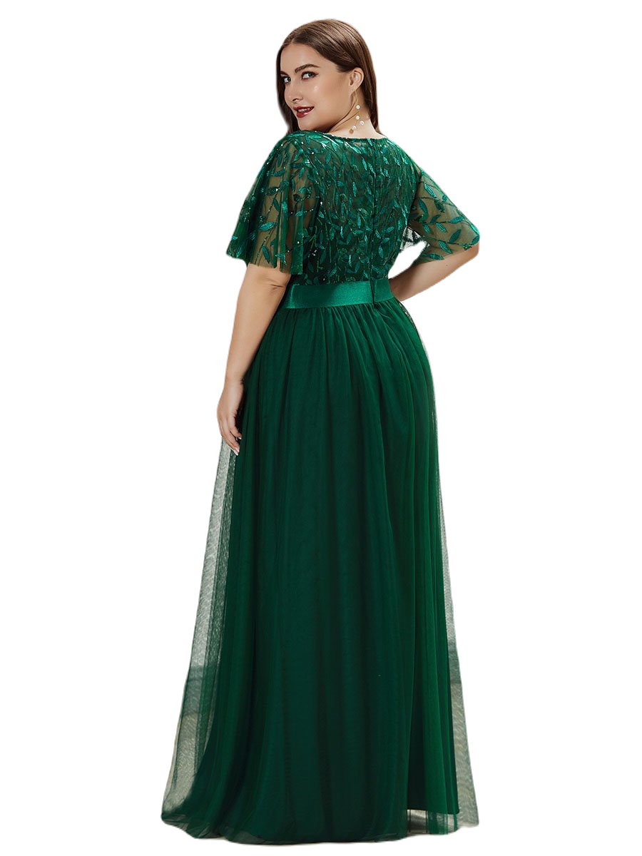 Vestido Elegante de Fiesta Largo Curvy Verde Esmeralda Cuello Redondo Hojitas Detalles c/Lentejuela Manga Amplia T Ch a Talla Extra