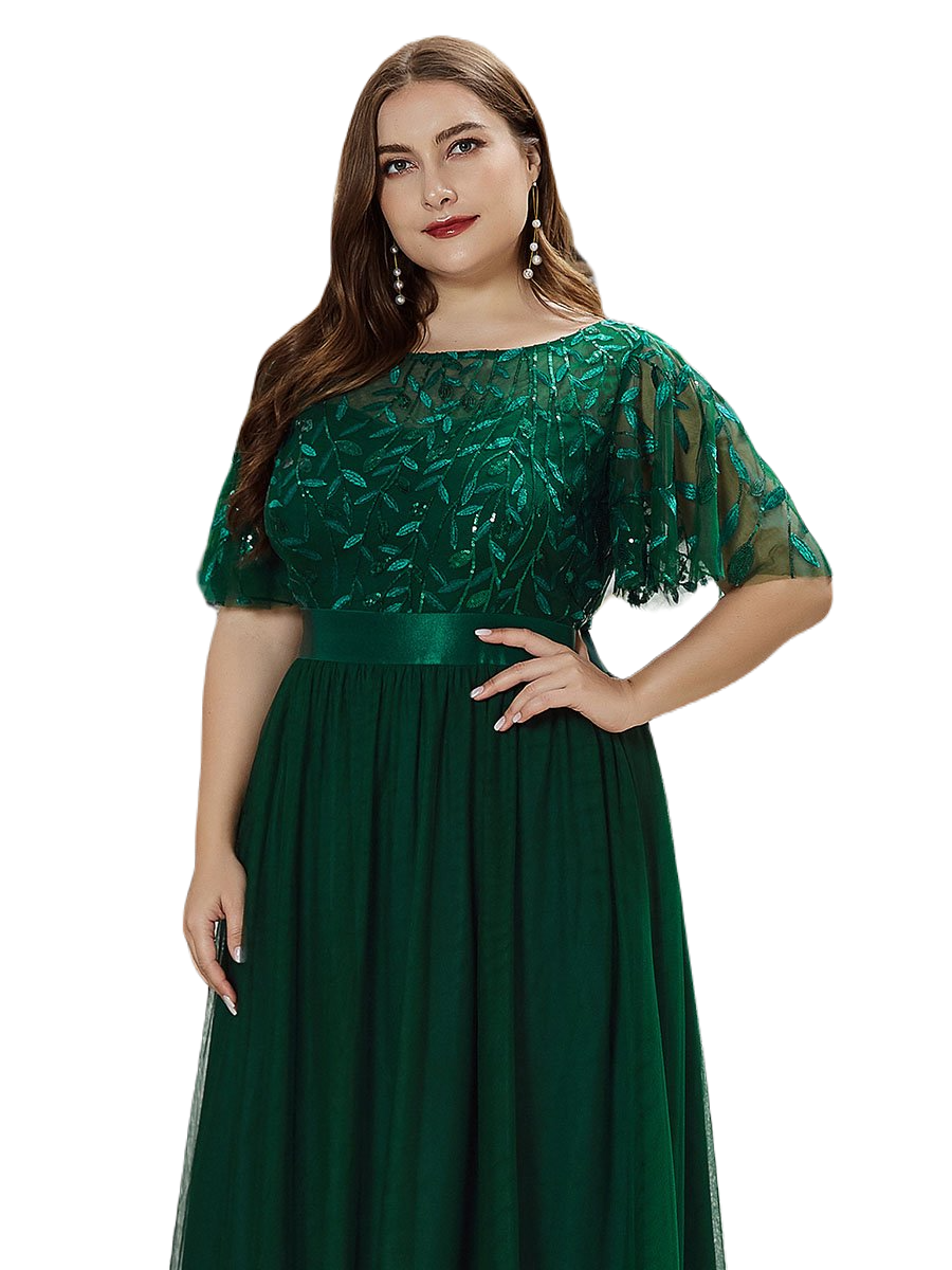 Vestido Elegante de Fiesta Largo Curvy Verde Esmeralda Cuello Redondo Hojitas Detalles c/Lentejuela Manga Amplia T Ch a Talla Extra