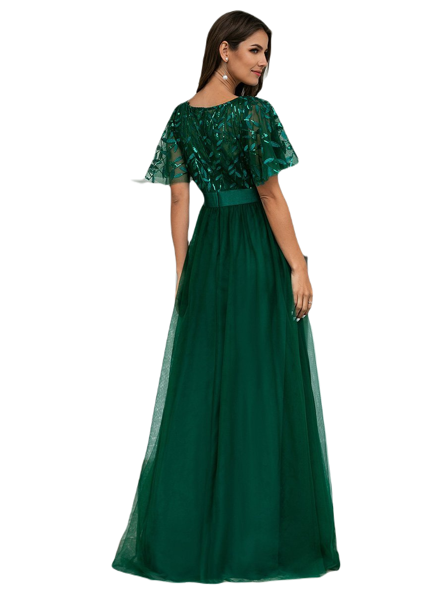 Vestido Elegante de Fiesta Largo Curvy Verde Esmeralda Cuello Redondo Hojitas Detalles c/Lentejuela Manga Amplia T Ch a Talla Extra