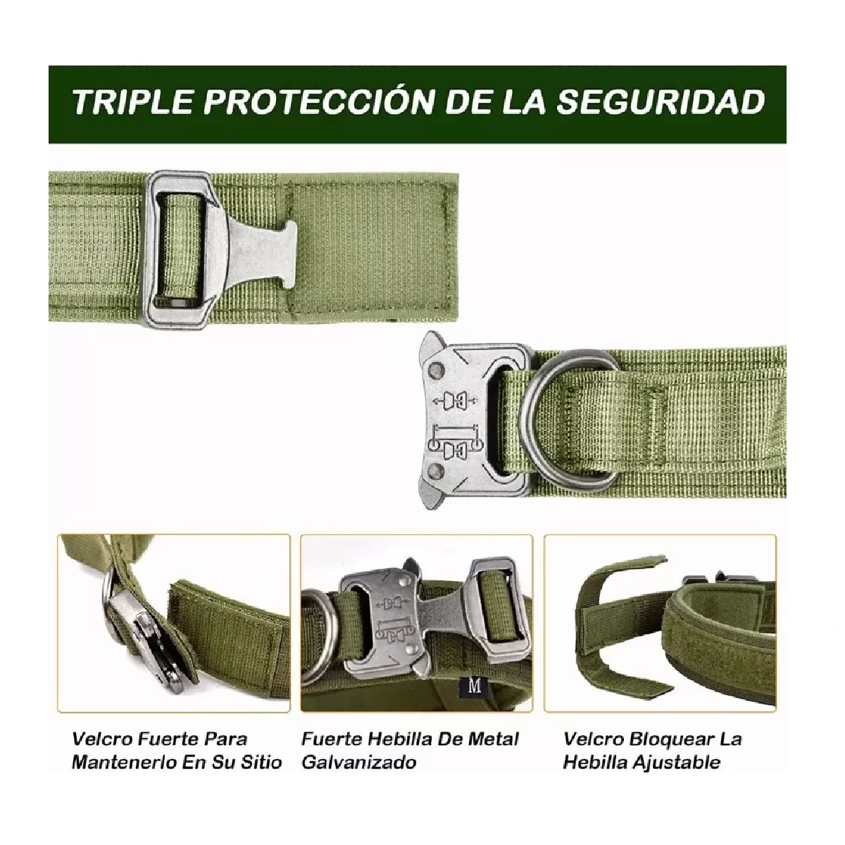 Collar Táctico Para Perro Con Hebilla De Metal Resistente Verde Militar L
