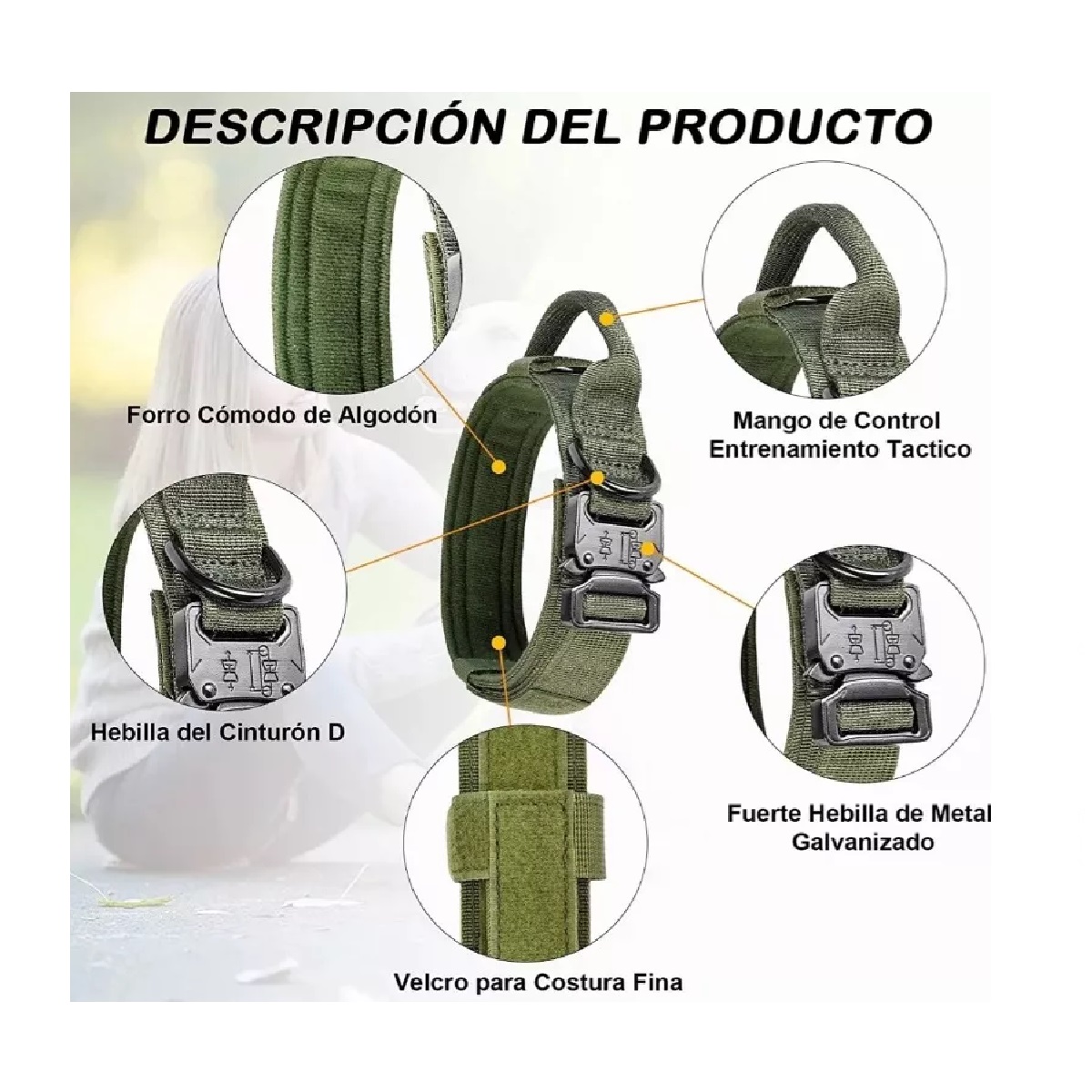 Collar Táctico Para Perro Con Hebilla De Metal Resistente Verde Militar L
