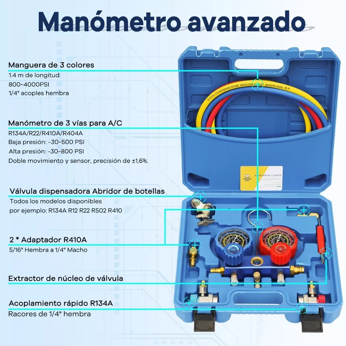 Juego Manometros Refrigeracion Manifold R22 R134 R404 R410 C/Estuche
