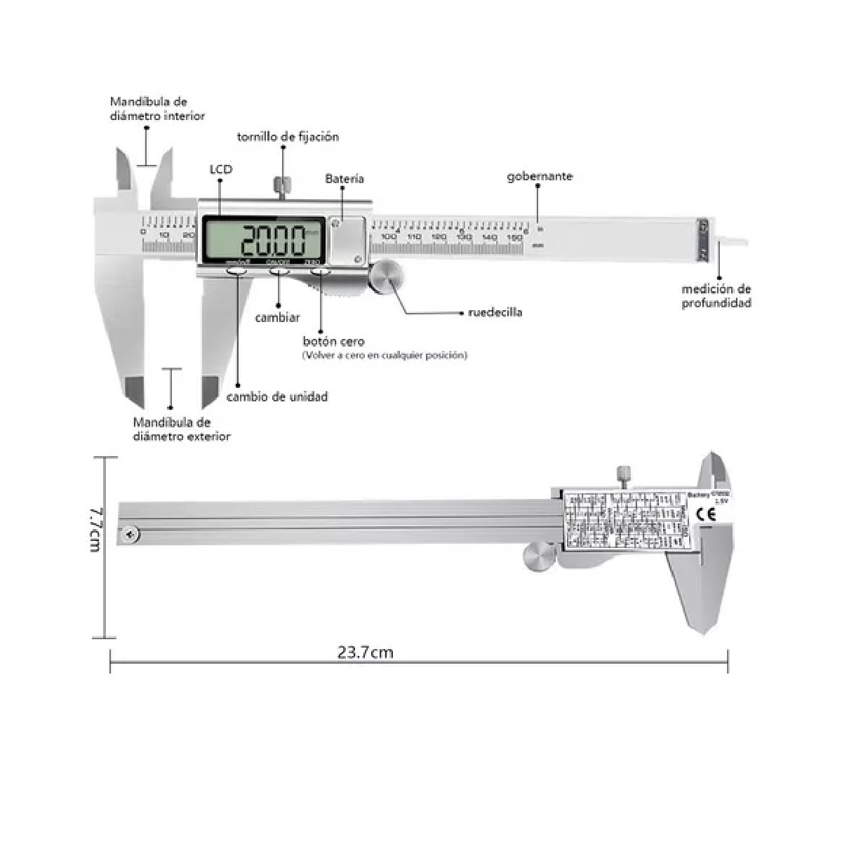 Calibrador Digital Vernier O Pie De Rey Regla Estuche Plata