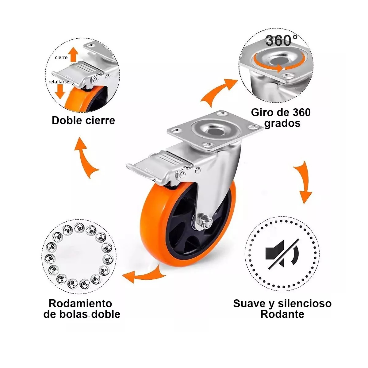 Rueda De Pvc 360 Grados Función Giratoria Rodaja Con Freno 4 Pcs Naranja