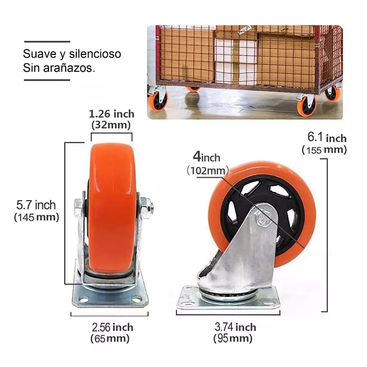 Rueda De Pvc 360 Grados Función Giratoria Rodaja Con Freno 4 Pcs Naranja