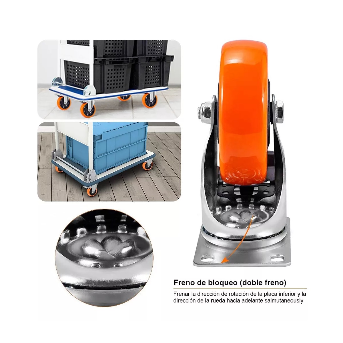 Rueda De Pvc 360 Grados Función Giratoria Rodaja Con Freno 4 Pcs Naranja