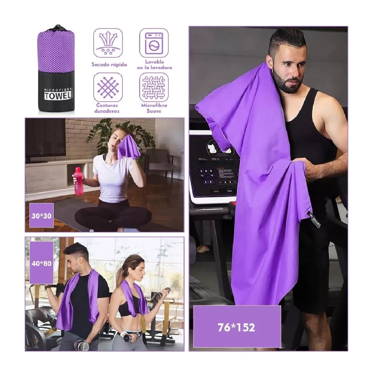 Toalla De Microfibra Secado Rápido Toalla Deportiva Para Gym Violeta