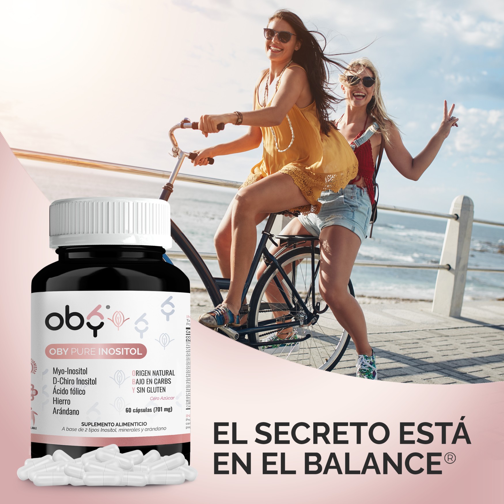 OBY Pure Inositol | Suplemento de Inositol Myo Inositol y D-Chiro-Inositol, Ácido Fólico, Hierro y Extracto de Arándano | 60 cápsulas para 60 días | Multivitaminico Mujer