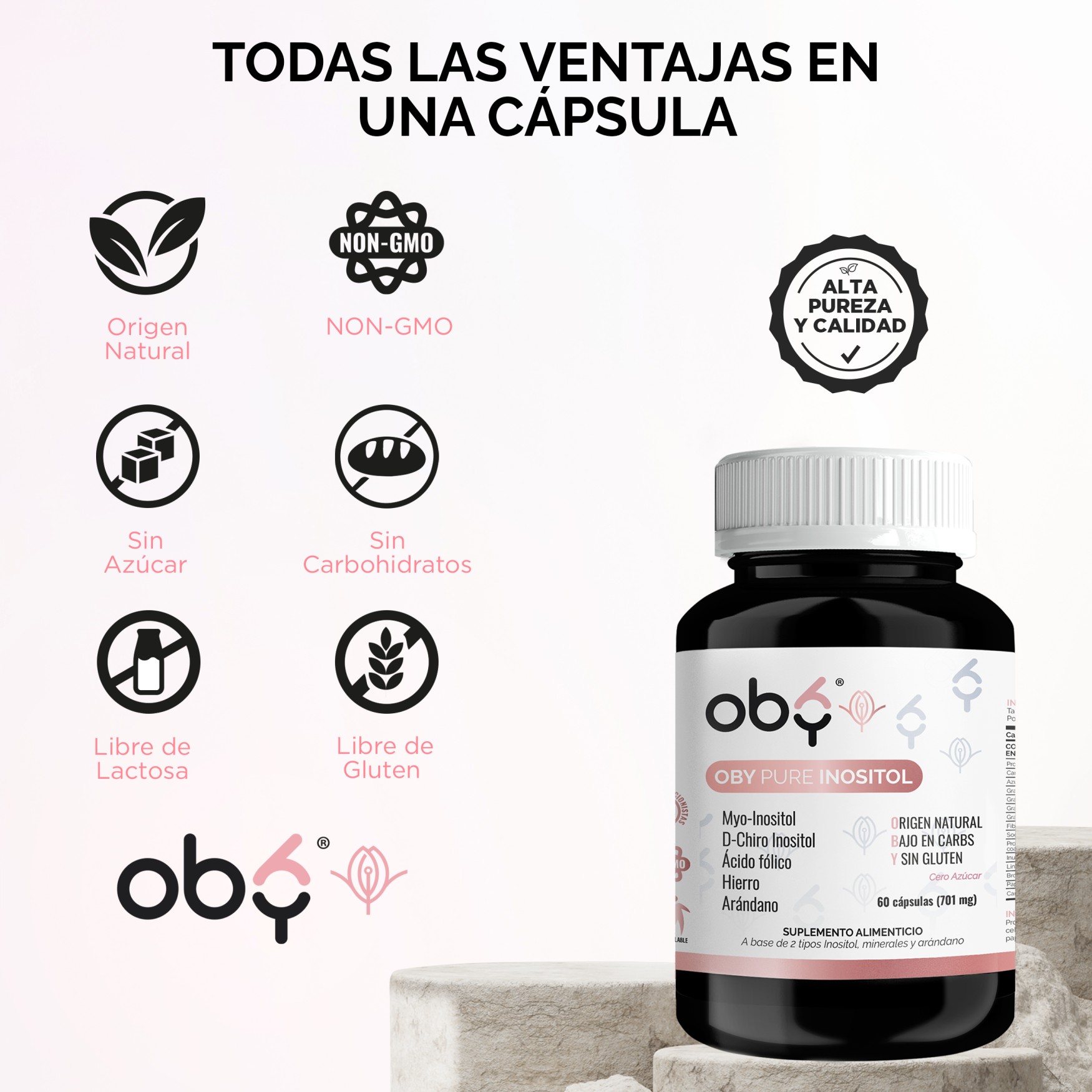 OBY Pure Inositol | Suplemento de Inositol Myo Inositol y D-Chiro-Inositol, Ácido Fólico, Hierro y Extracto de Arándano | 60 cápsulas para 60 días | Multivitaminico Mujer
