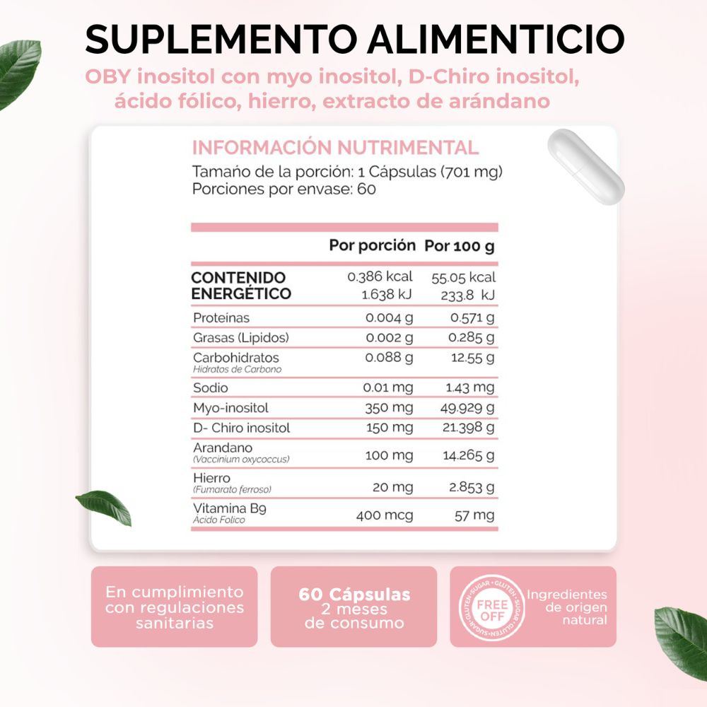 OBY Pure Inositol | Suplemento de Inositol Myo Inositol y D-Chiro-Inositol, Ácido Fólico, Hierro y Extracto de Arándano | 60 cápsulas para 60 días | Multivitaminico Mujer