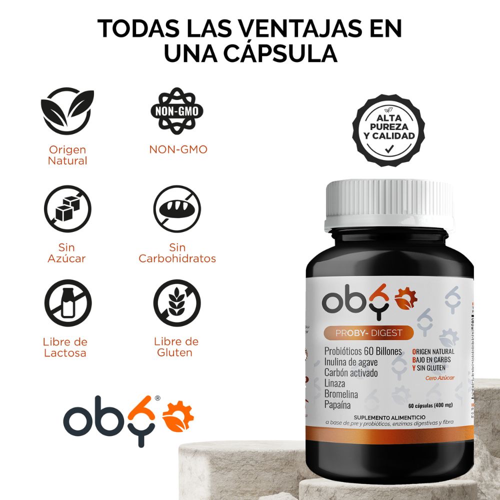 OBY Proby Digest Probióticos 60 Billones, Prebióticos, Inulina de Agave, Enzimas Digestivas y Carbón Activado | 60 Cápsulas para 60 Días | Probioticos Hombre y Mujer