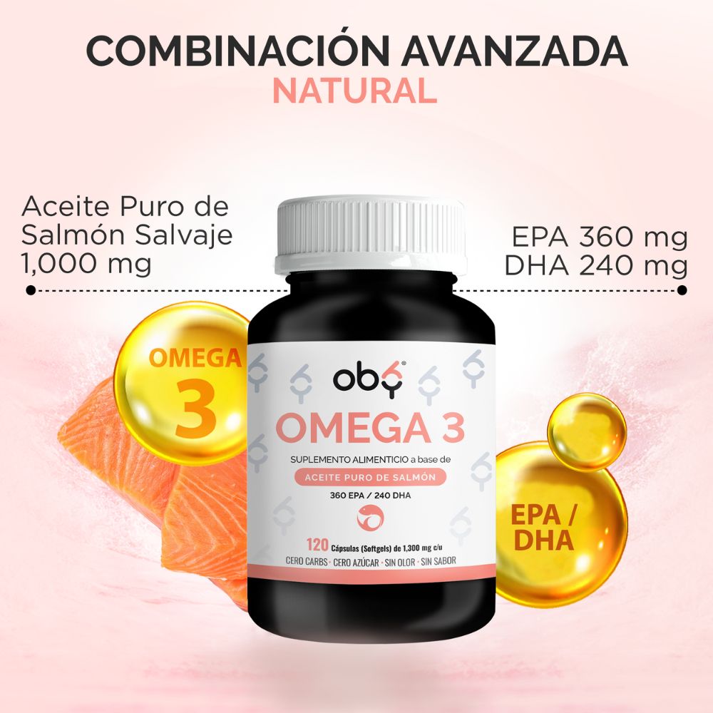 OBY Omega 3 a base de Salmón Salvaje de Alta concentración | Omega 3 1000mg Aceite de Salmón Puro y DHA - EPA | 120 Capsulas de Softgels - Sin Olor y Sin Sabor
