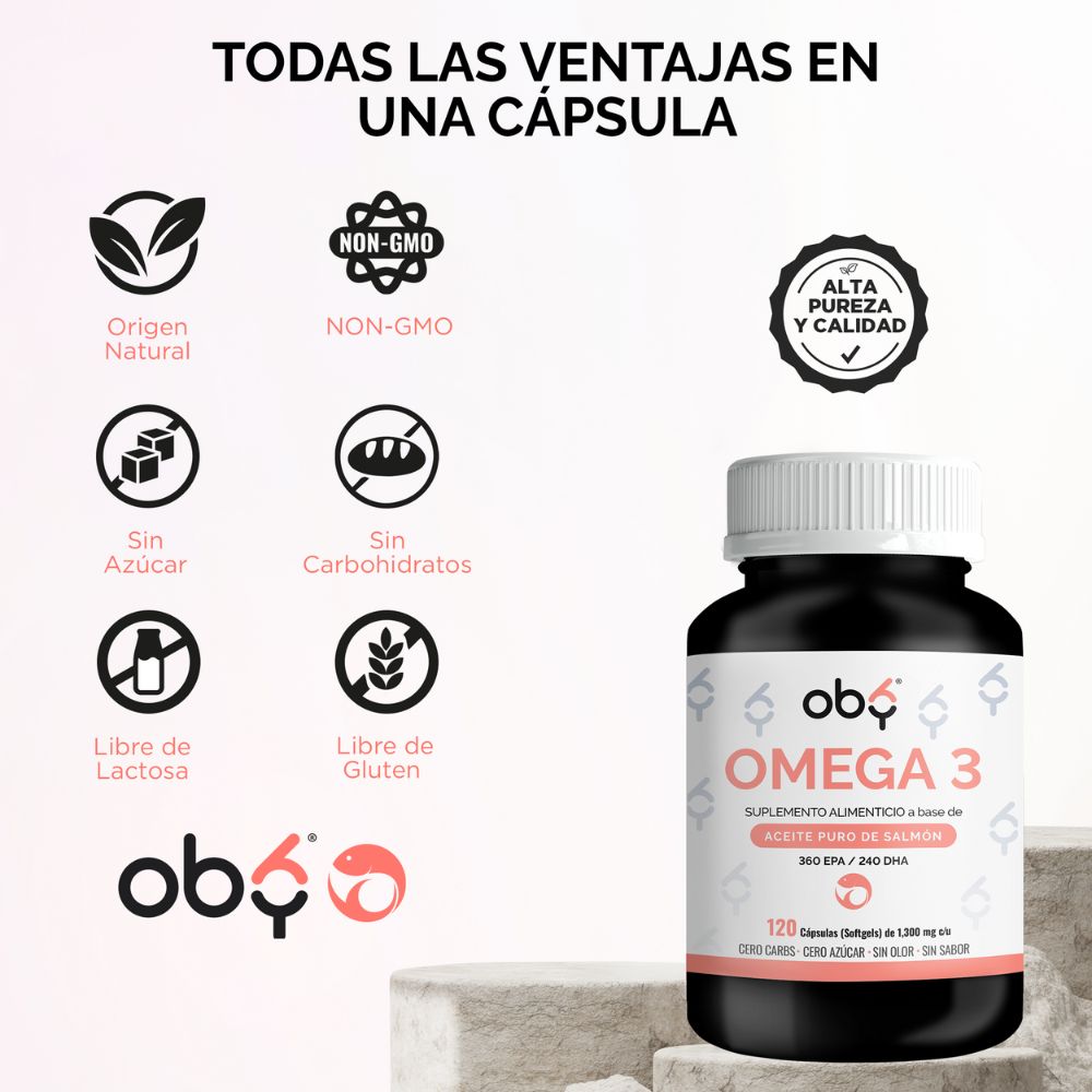 OBY Omega 3 a base de Salmón Salvaje de Alta concentración | Omega 3 1000mg Aceite de Salmón Puro y DHA - EPA | 120 Capsulas de Softgels - Sin Olor y Sin Sabor