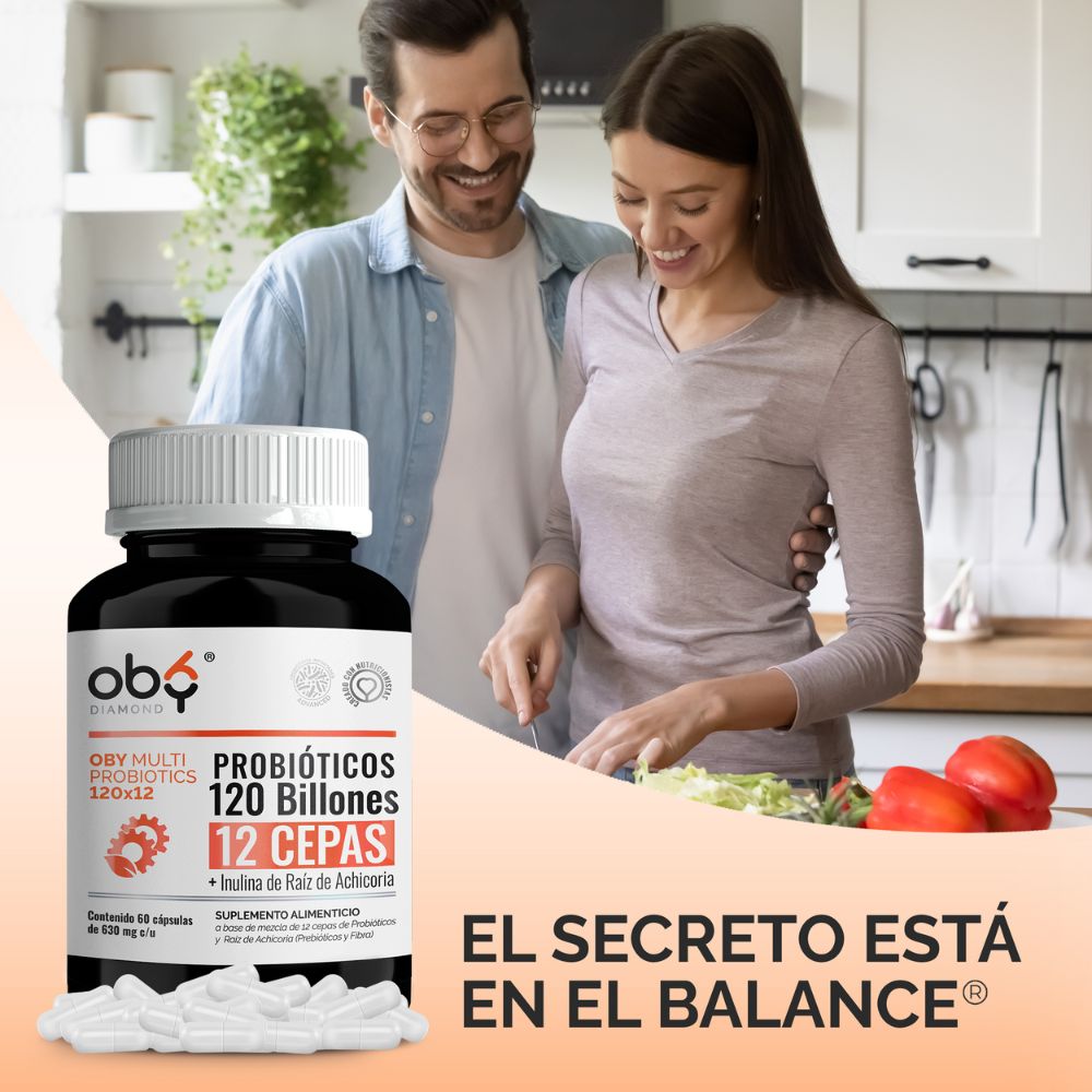 OBY MULTI Probiotics | Probioticos 120 Billones de 12 Cepas + Prebioticos - Incluye Inulina Raiz de Achicoria | 60 cápsulas - Probioticos Mujer y Hombre