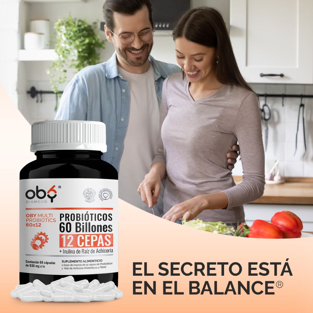 OBY MULTI Probiotics | Probioticos 60 Billones de 12 Cepas + Prebioticos de Inulina Raiz de Achicoria | 60 cápsulas para hasta 60 días - Probioticos Mujer y Hombre