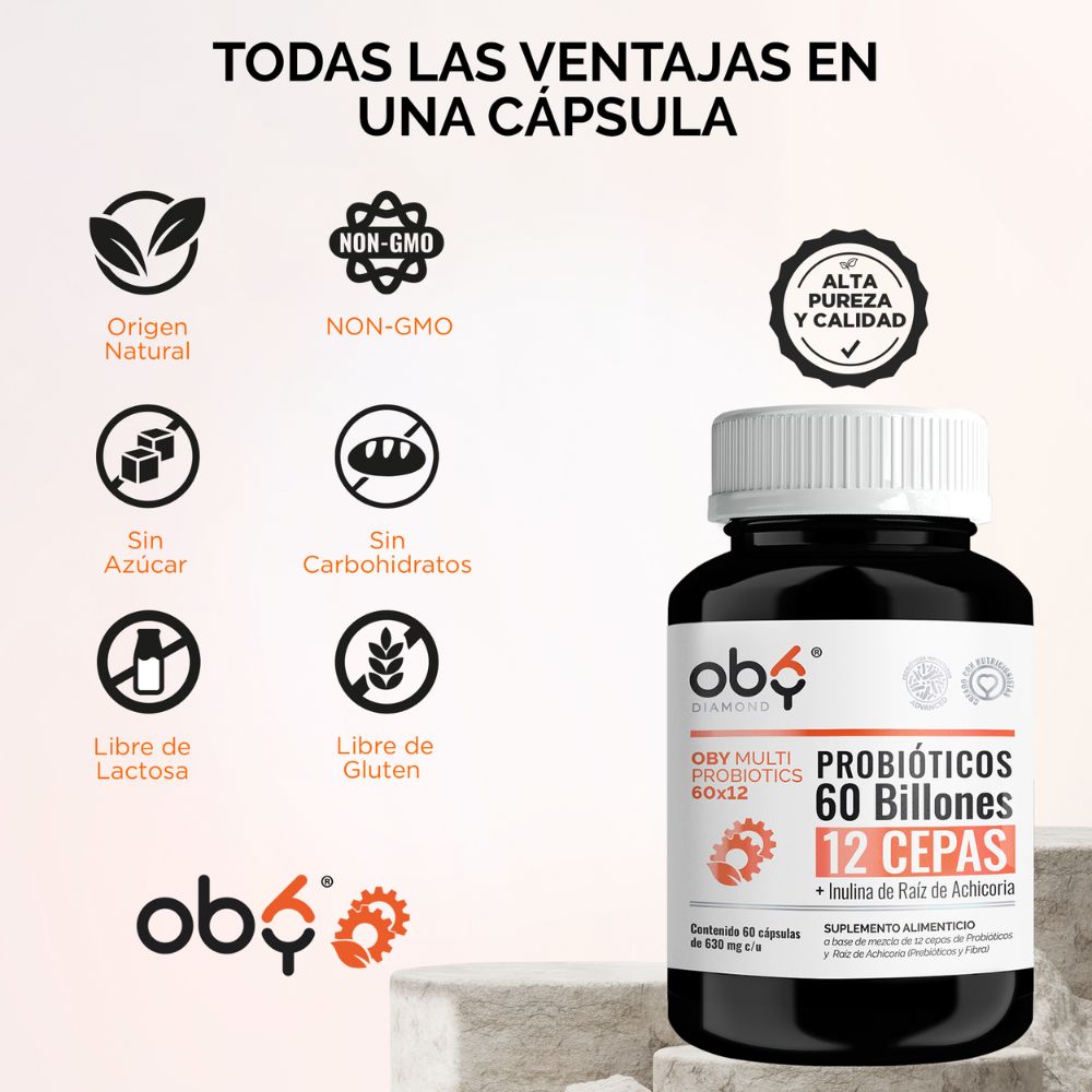OBY MULTI Probiotics | Probioticos 60 Billones de 12 Cepas + Prebioticos de Inulina Raiz de Achicoria | 60 cápsulas para hasta 60 días - Probioticos Mujer y Hombre