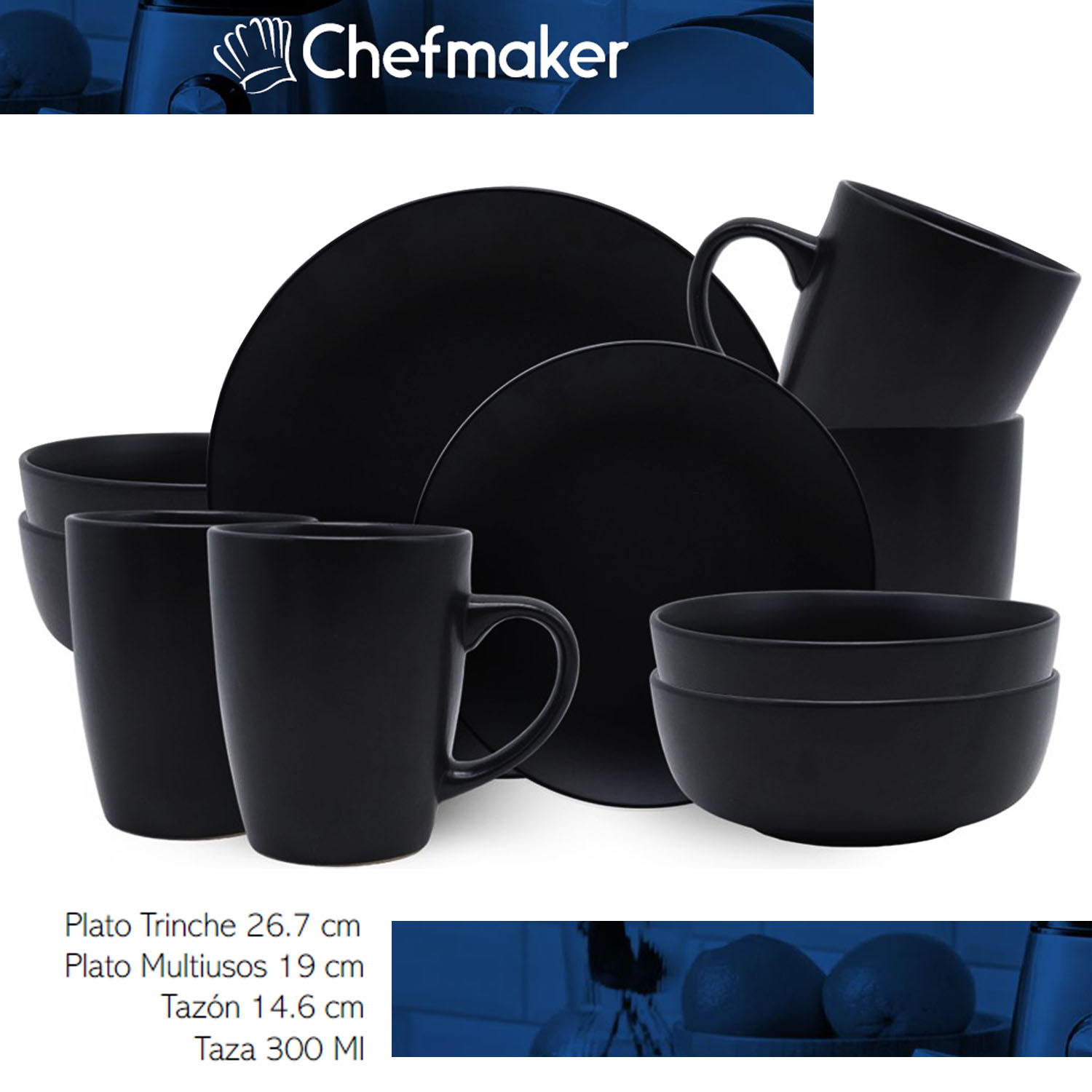 Vajilla 16 Piezas Royal Negra Cerámica Moderna Minimalista 4 Personas Chefmaker