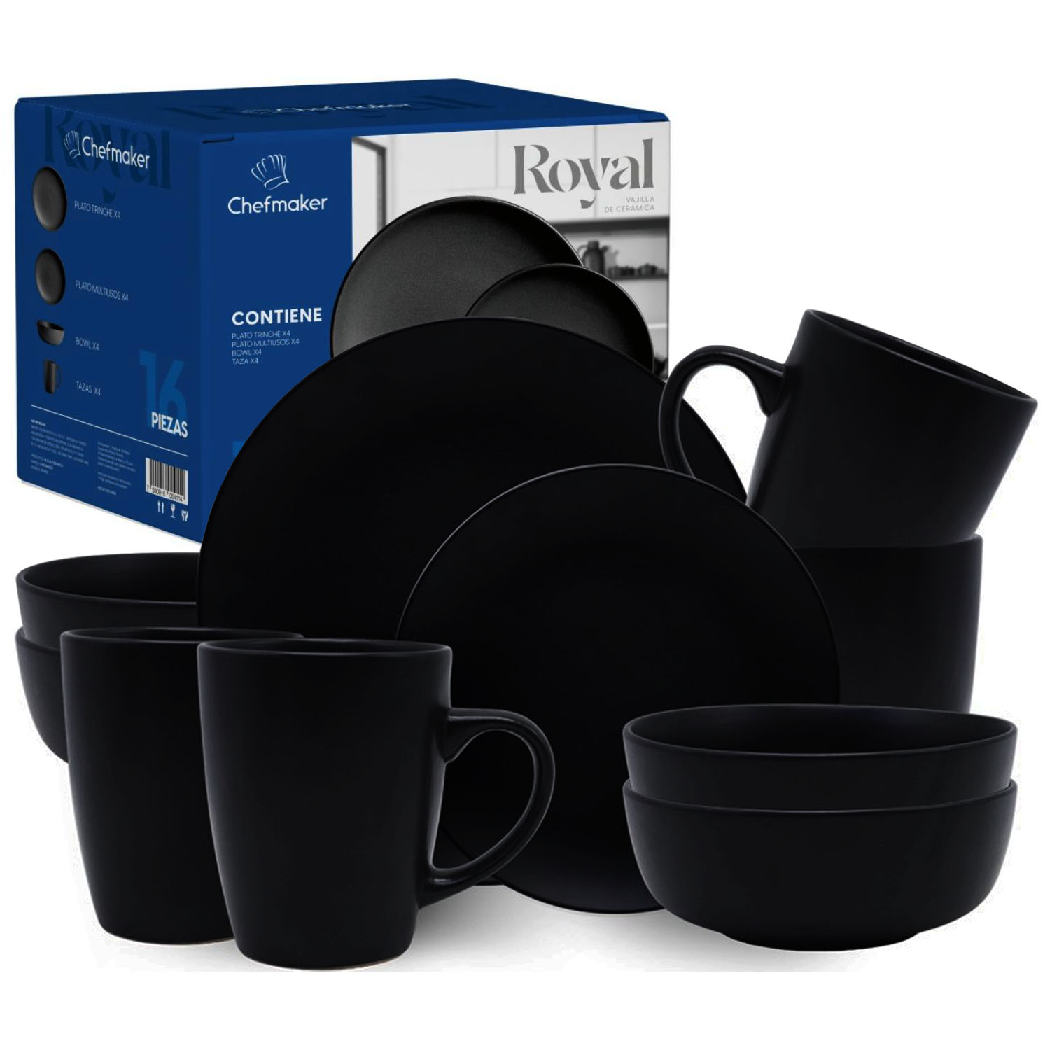 Vajilla 16 Piezas Royal Negra Cerámica Moderna Minimalista 4 Personas Chefmaker