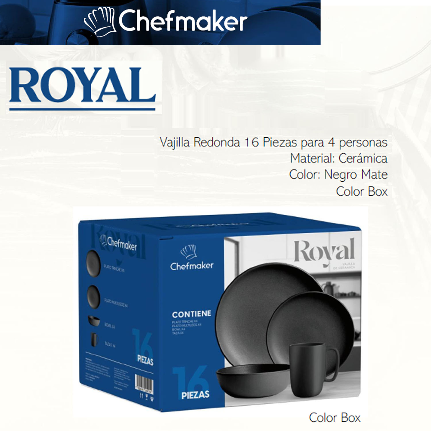 Vajilla 16 Piezas Royal Negra Cerámica Moderna Minimalista 4 Personas Chefmaker