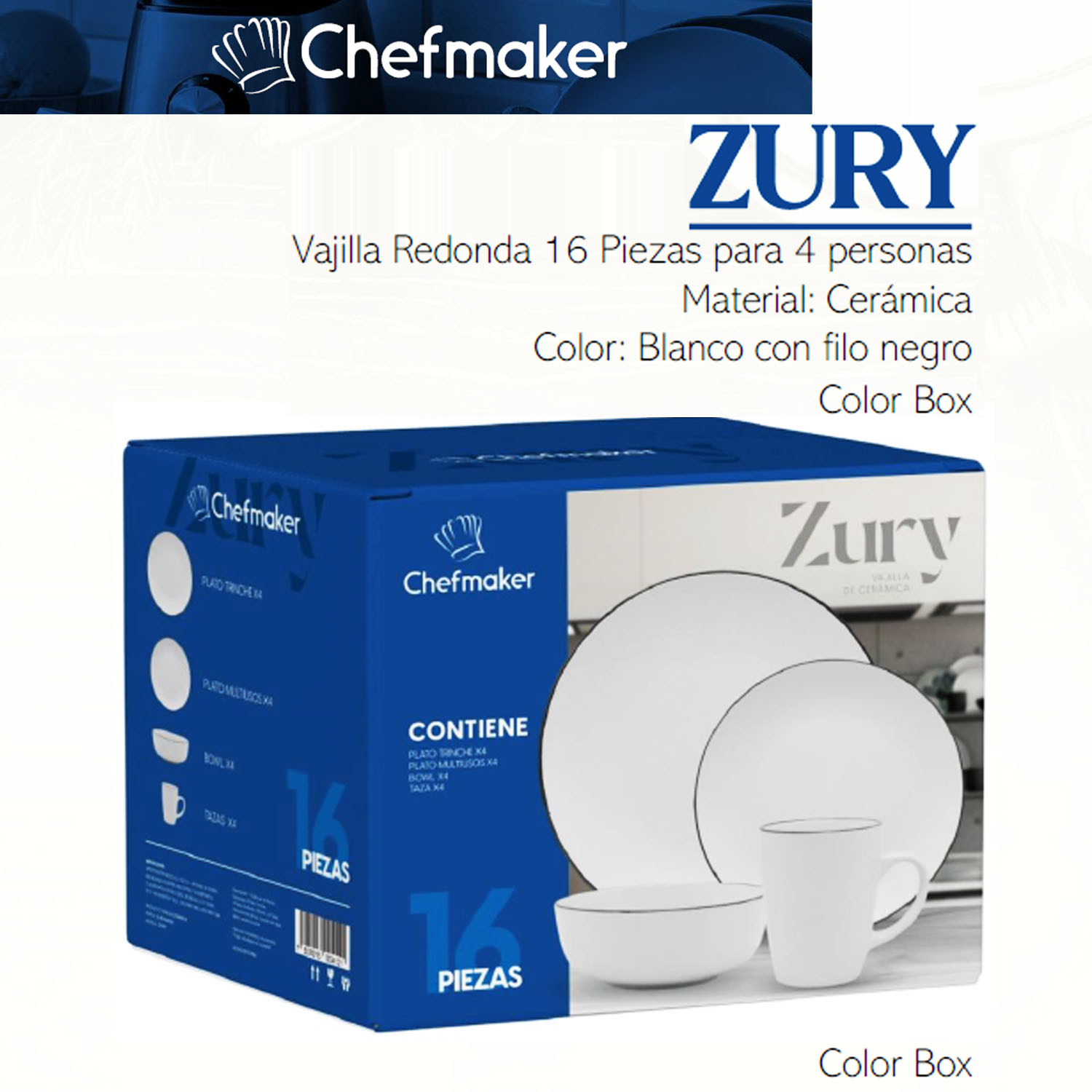 Vajilla Moderna Minimalista Cerámica 16 Piezas 4 Personas Chefmaker Zury Blanco