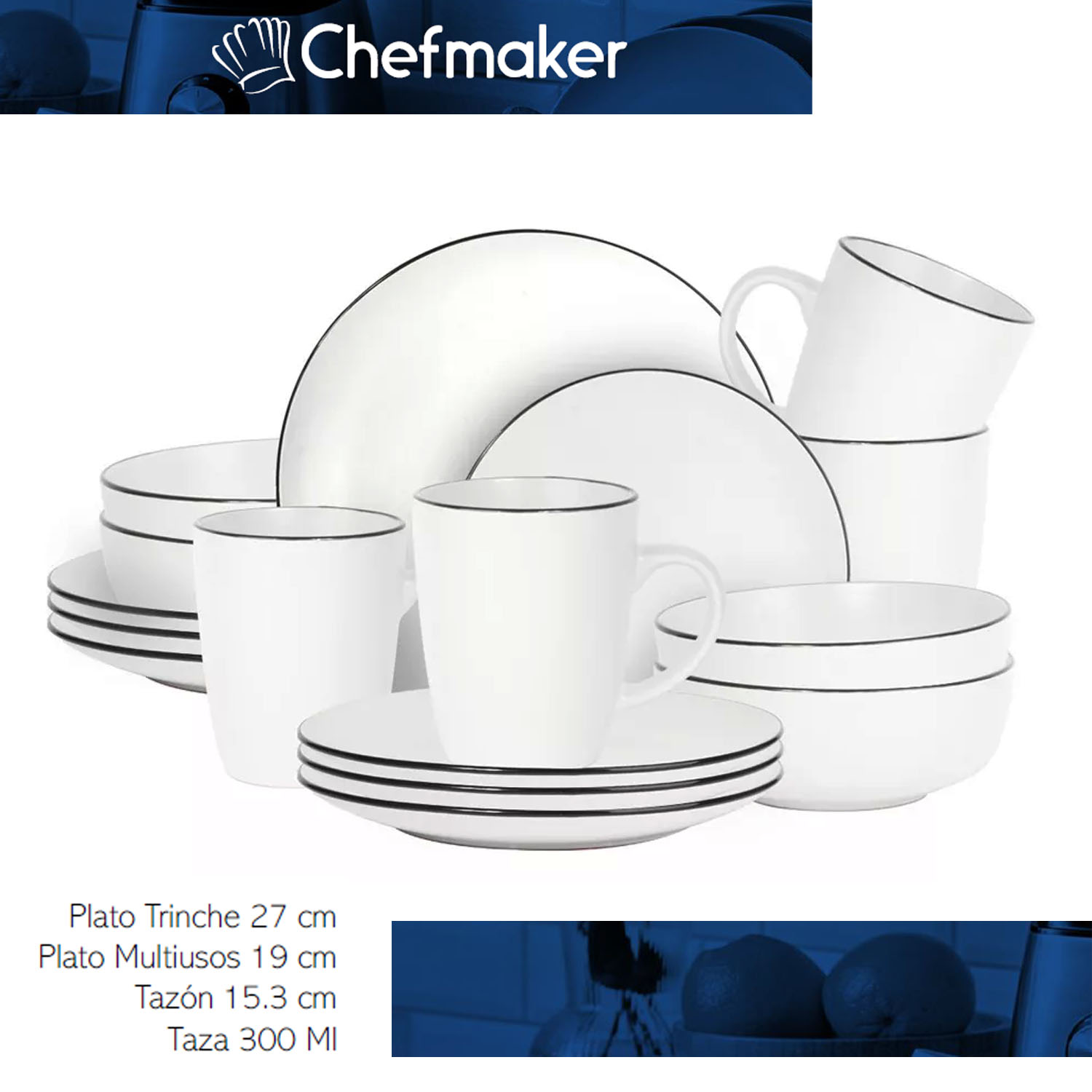 Vajilla Moderna Minimalista Cerámica 16 Piezas 4 Personas Chefmaker Zury Blanco