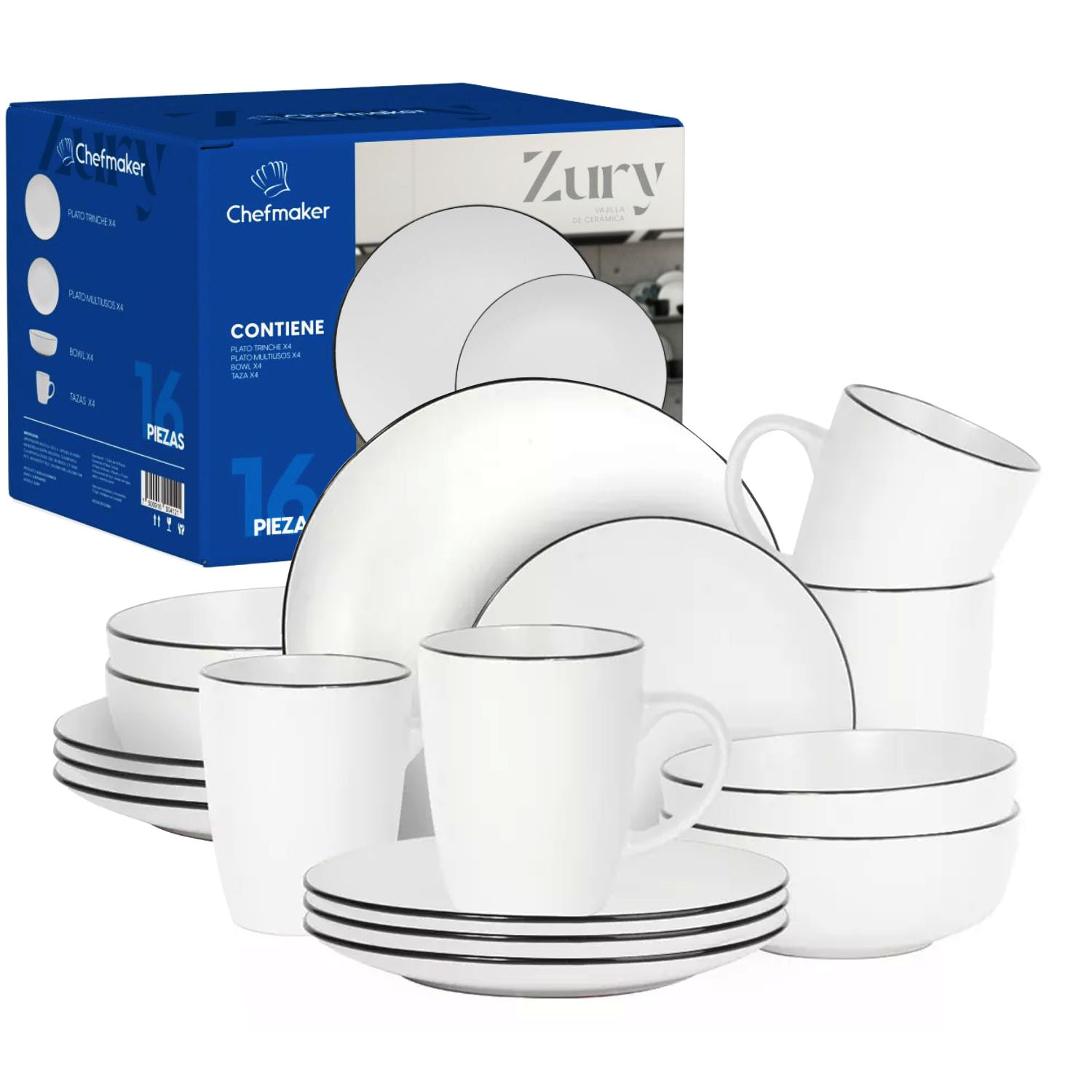 Vajilla Moderna Minimalista Cerámica 16 Piezas 4 Personas Chefmaker Zury Blanco