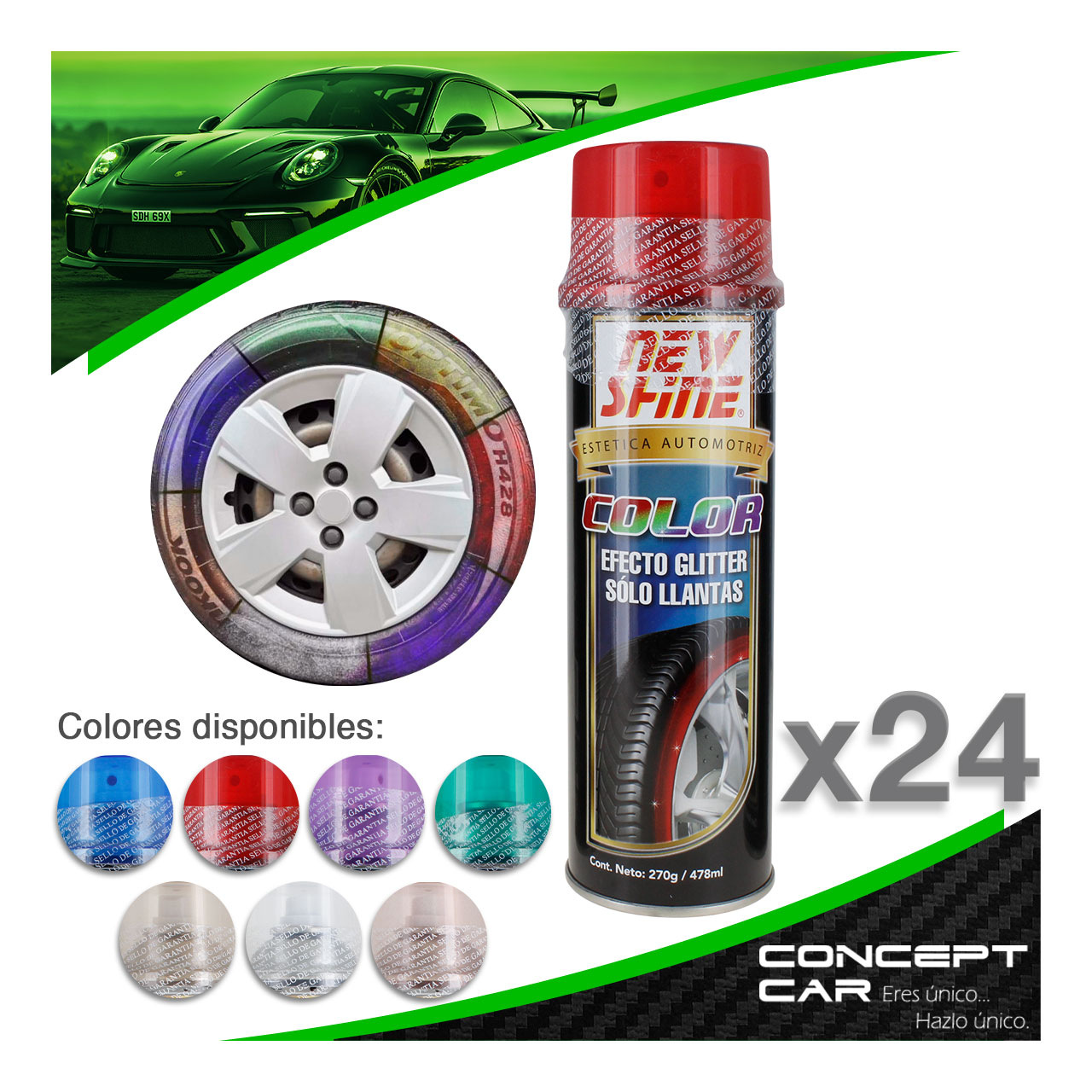 24 New Shine Abrillantador Efecto Glitter Brillo Colores Llanta