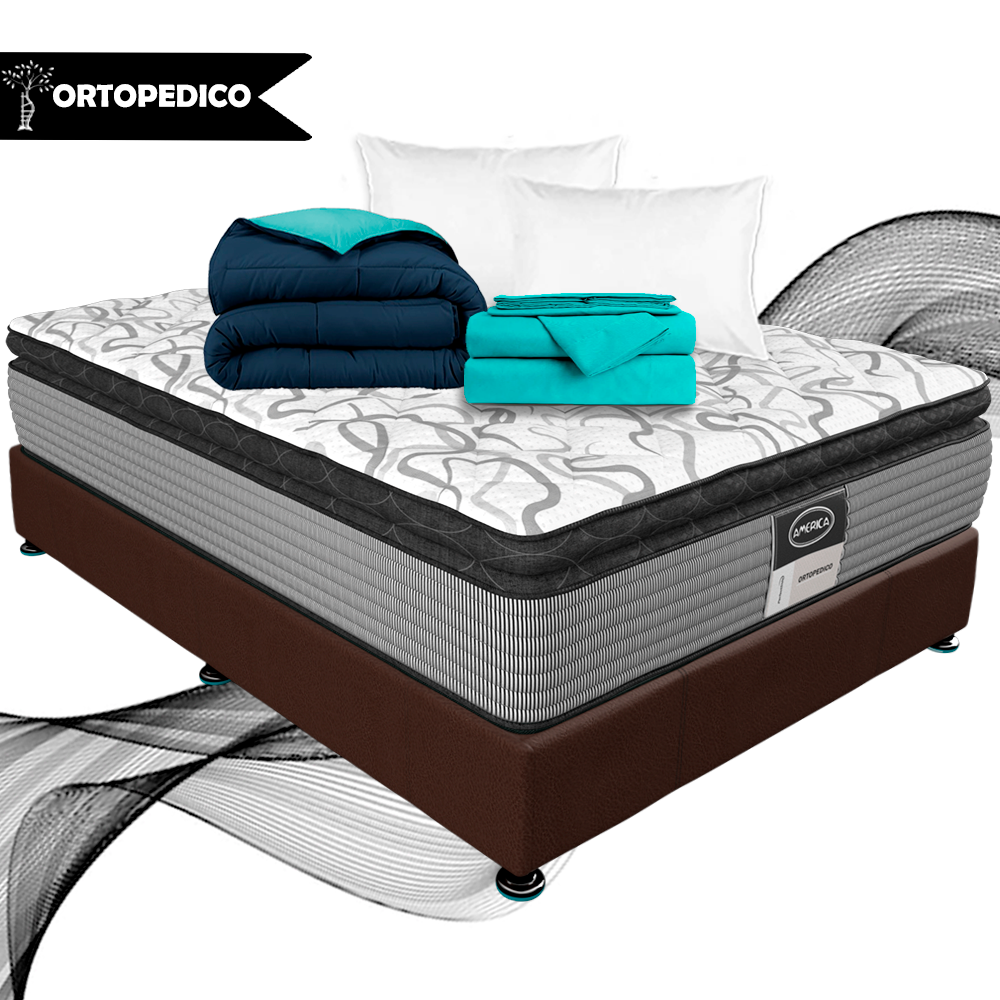 Colchón Con Box Matrimonial América Bloom Ortopédico Súper Confort + Edredón Ligero + Juego De Sábanas + 2 ALMOHADAS DE REGALO ¨PREMIUM¨.