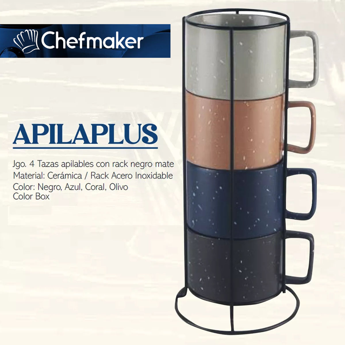 Set Juego de 4 Tazas De Cerámica 380ml Con Base De Acero Inoxidable Chefmaker