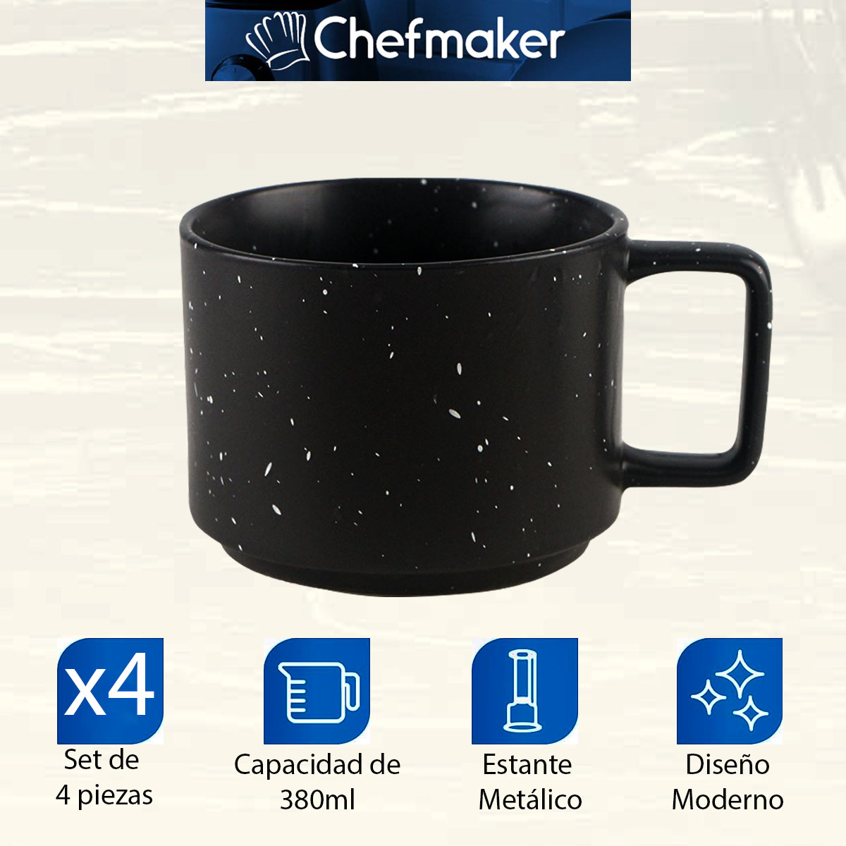 Set Juego de 4 Tazas De Cerámica 380ml Con Base De Acero Inoxidable Chefmaker