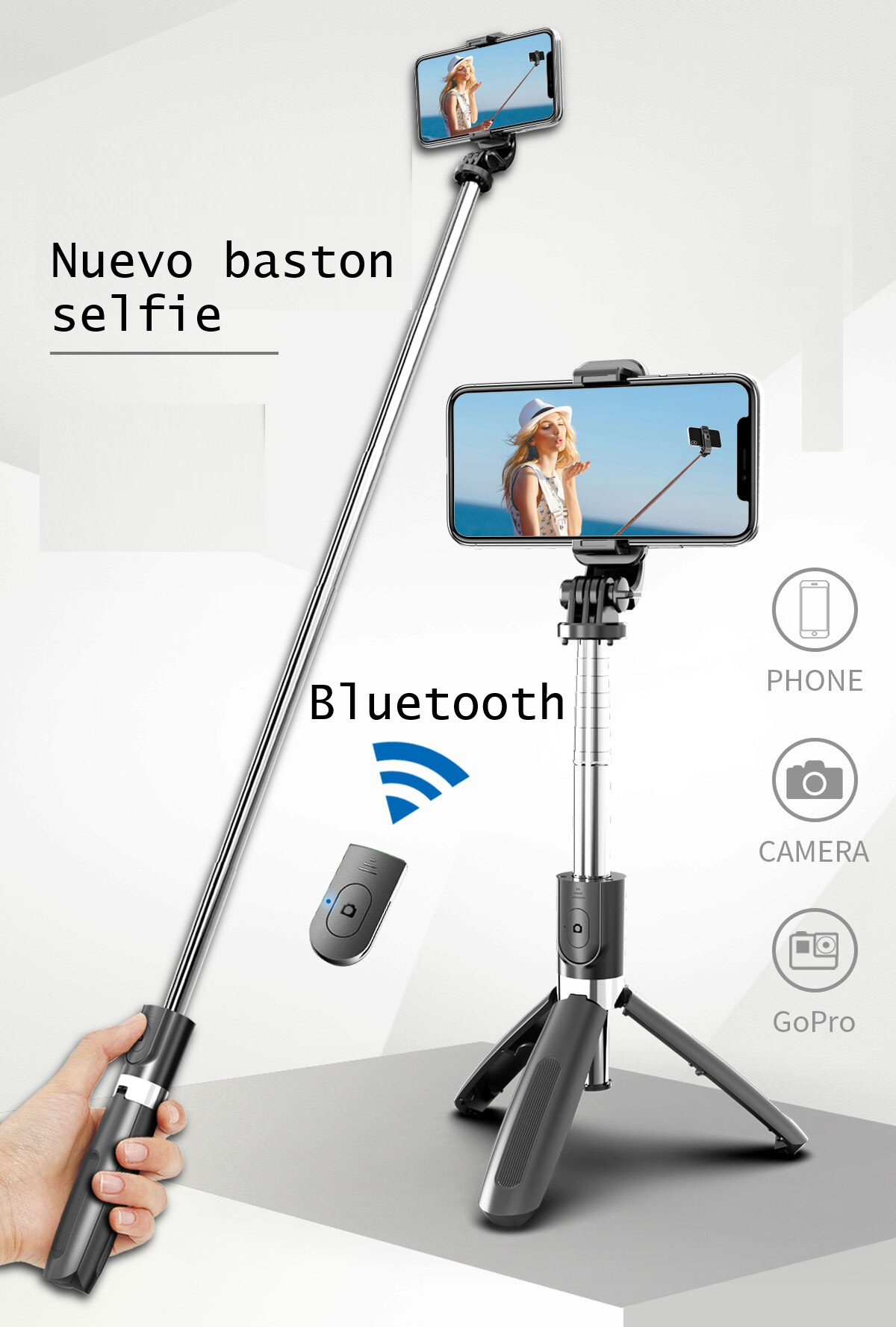 Palo Selfie cel teléfono foto video extensible monopié adaptador Gopro Hero cámara deportiva negro