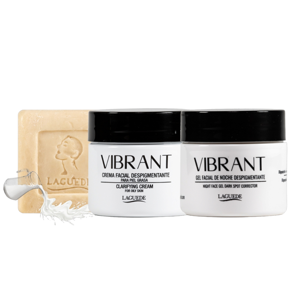 Kit Facial Despigmentante Anti-edad Crema Día + Gel Noche + Jabón Leche de Burra Piel Mixta/Grasa