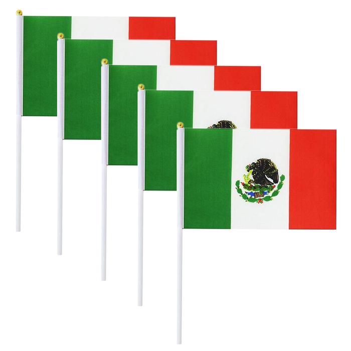 Banderitas de Tela de México MXMCX-001-2 5 Pzas 14x21cm Tela Poliéster Asta Plástico Tricolor, MXminiFlag