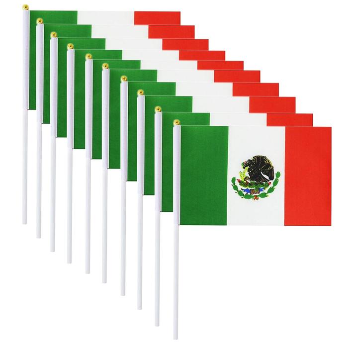 Banderitas de México Pequeña MXMCX-002-1 10 Pzas 14x21cm Tela Poliéster Asta Plástico Tricolor, MXminiFlag