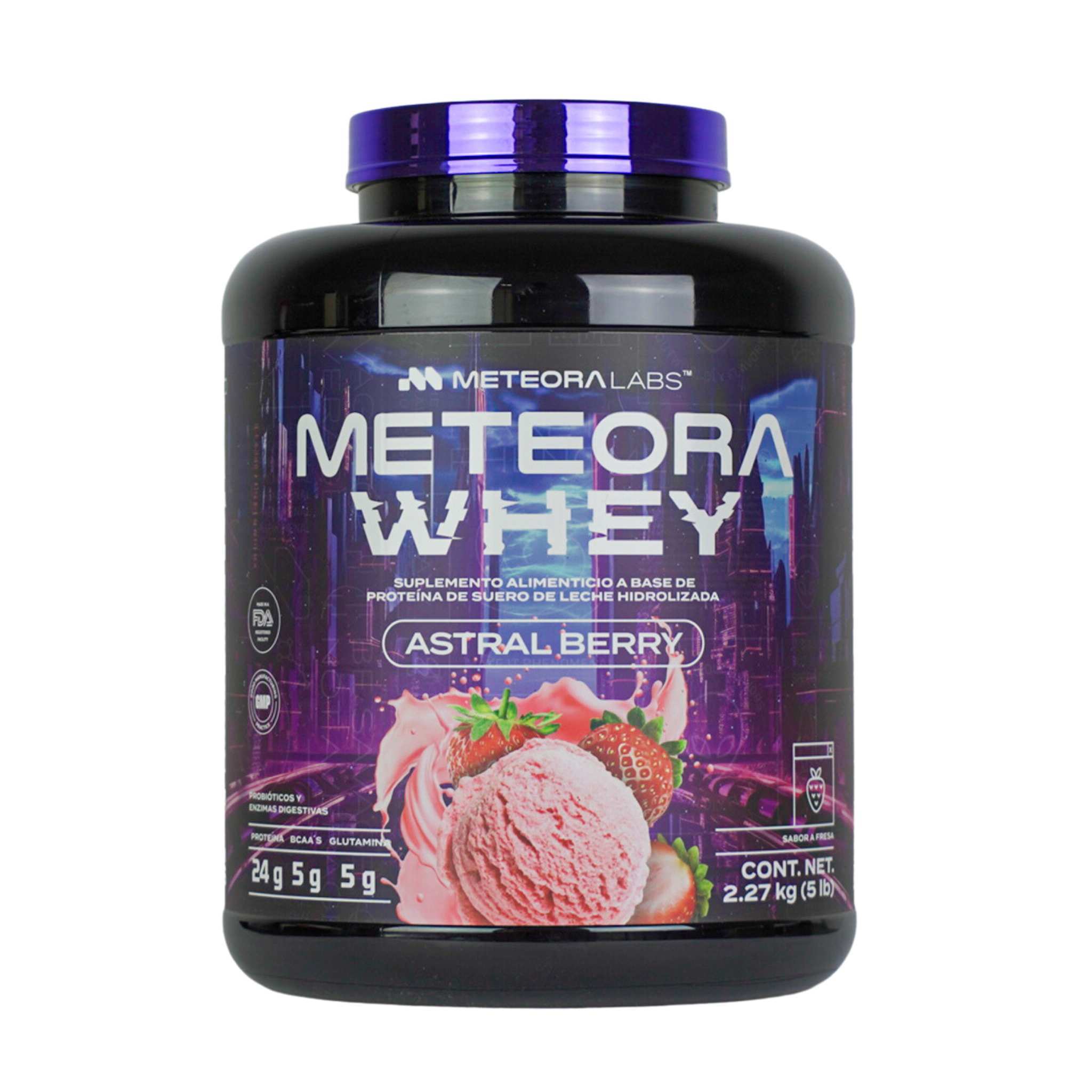 METEORA LABS | 100% Whey protein | Proteína hidrolizada de suero de leche con 24 gr | Baja en carbohidratos | Sin azúcares añadidos | BCAA | Con probióticos y enzimas digestivas | Proteína whey sabor Fresa | 65 Servicios | 2.27 kg