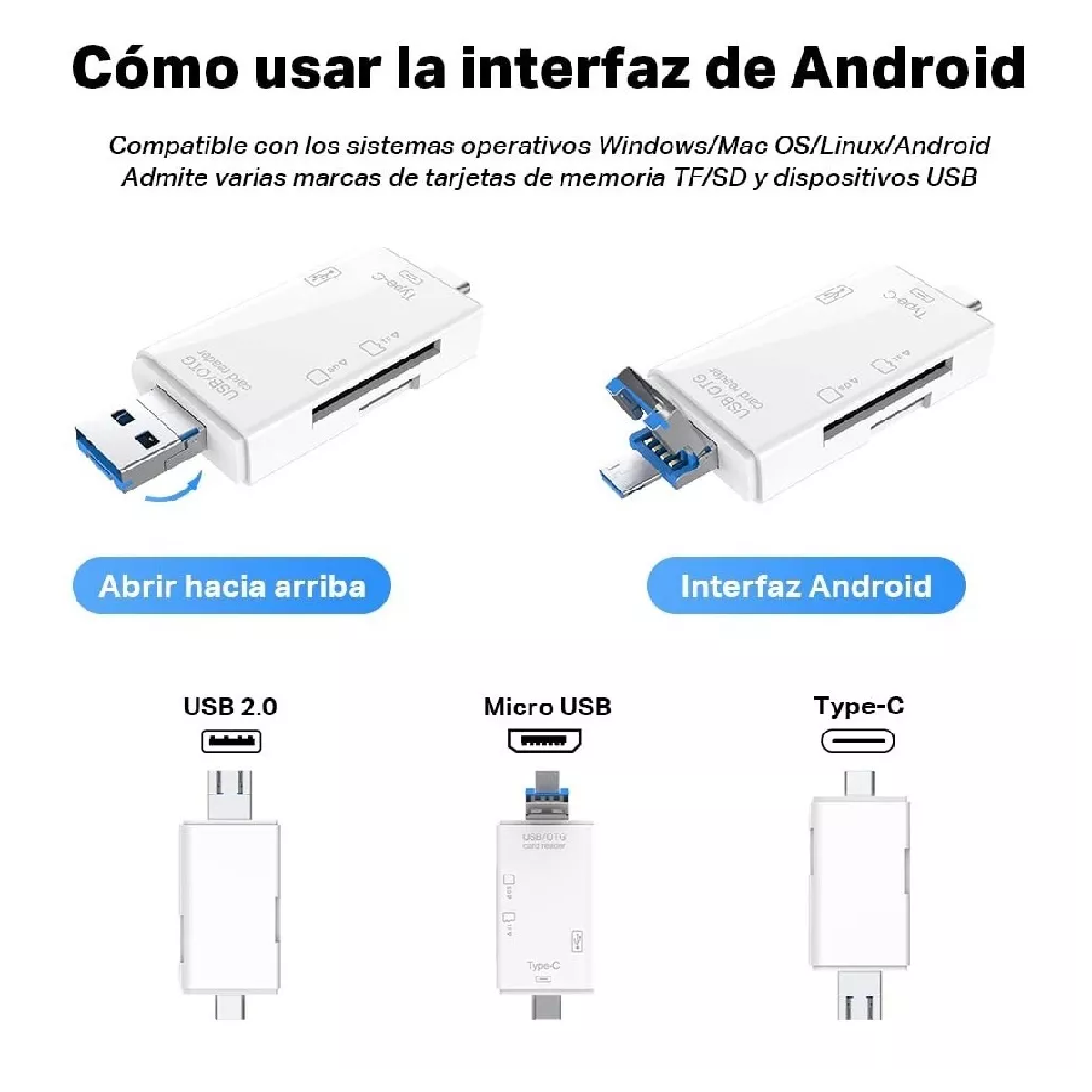 Adaptador micro USB OTG 4 en 1 Micro-USB OTG/TF/SD Adaptador de lector de  tarjetas inteligentes con puerto de carga micro USB para