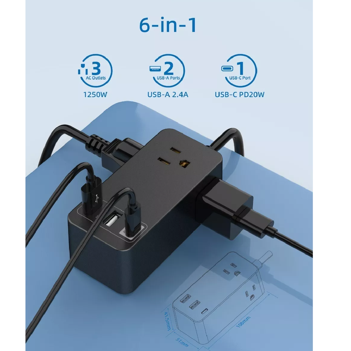  Regleta de alimentación con USB - Regleta de alimentación de  pared con 4 puertos USB y 3 tomas de corriente con interruptor de  encendido/apagado y cable de extensión de 5 pies