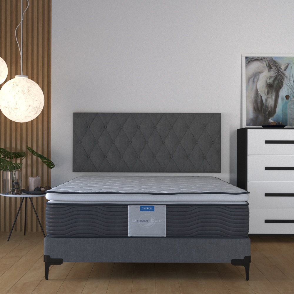 Box con Cabecera y Colchon Matrimonial Martin Restonic Ortopedico Con Colchoneta y Acojinado Interno.