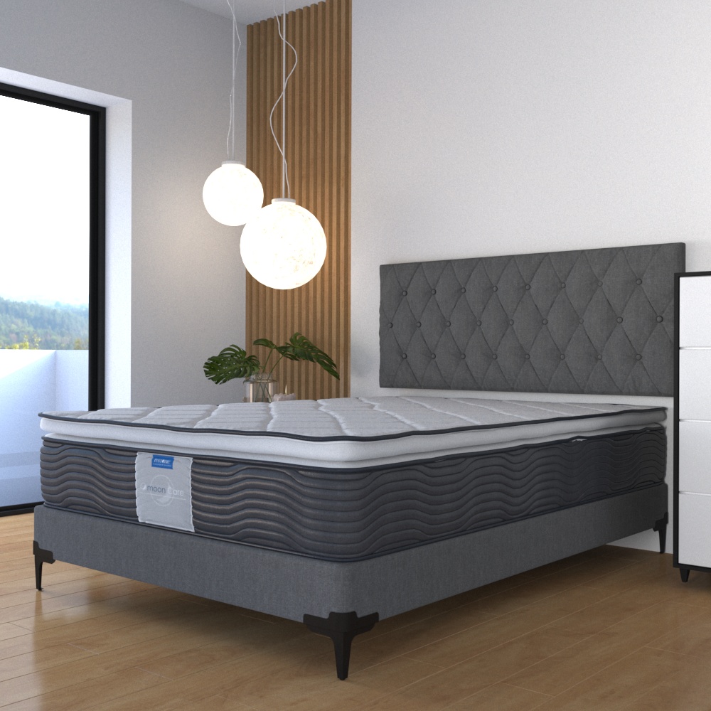 Box con Cabecera y Colchon Matrimonial Martin Restonic Ortopedico Con Colchoneta y Acojinado Interno.