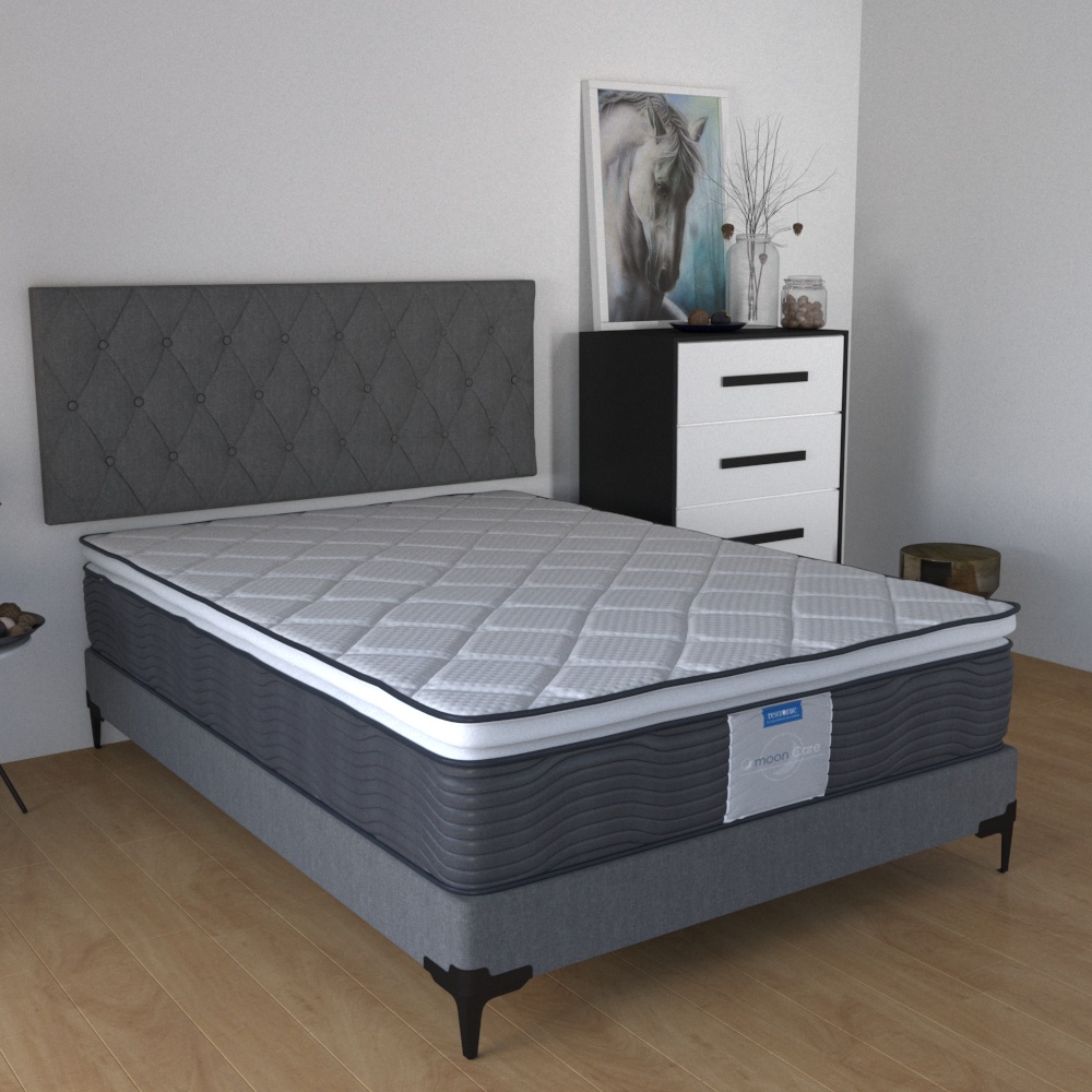 Box con Cabecera y Colchon Matrimonial Martin Restonic Ortopedico Con Colchoneta y Acojinado Interno.